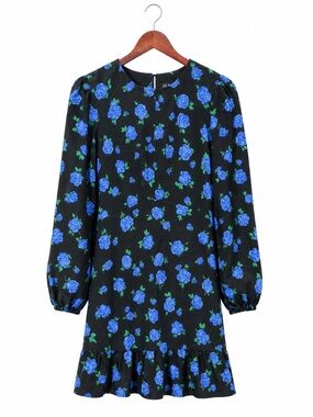 Nobody’s Child. Black Long-Sleeve Floral Mini Dress with Blue Roses